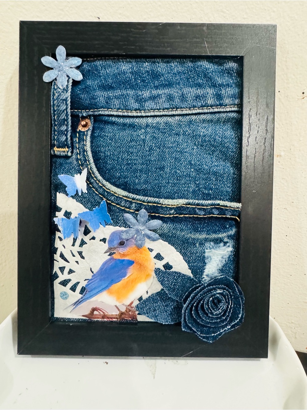Framed Blue Denim Wall Art with Blue Bird